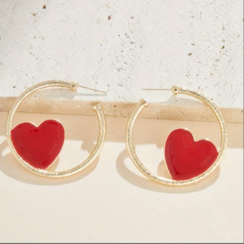 Gold and Red Heart Hoop Earrings| Valentine Day Gift - Picture 3 of 3